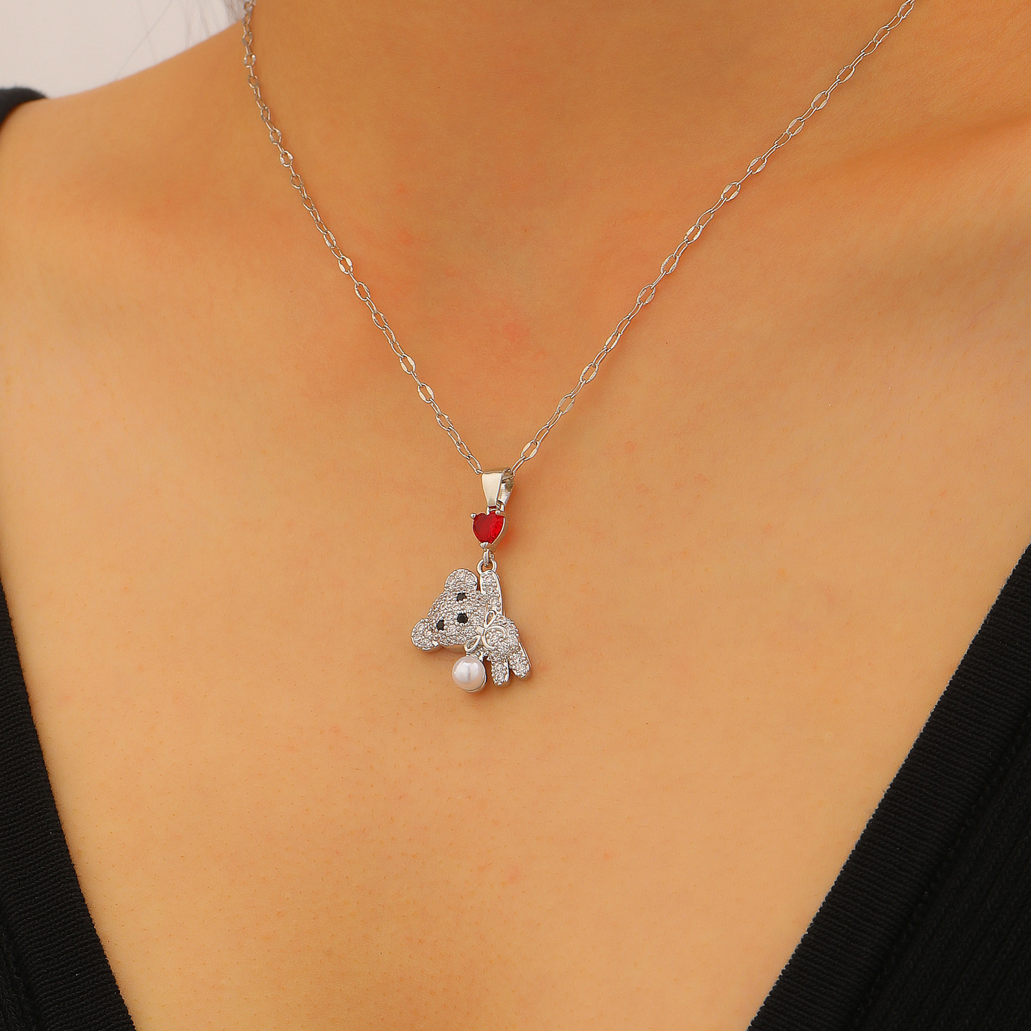 Women's Cute Heart Rhinestone Bear Pendant Necklace